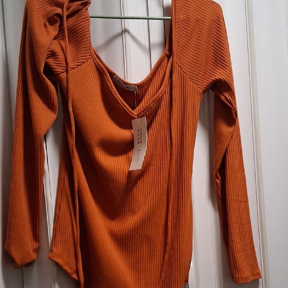 Orange Ribbed Asymmetrical Long Sleeve Bodysuit